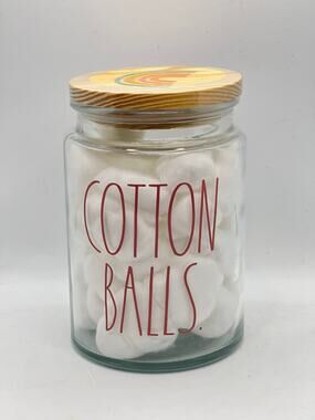 RAE DUNN COTTON BALLS Glass Jar Pink Writing NWT
